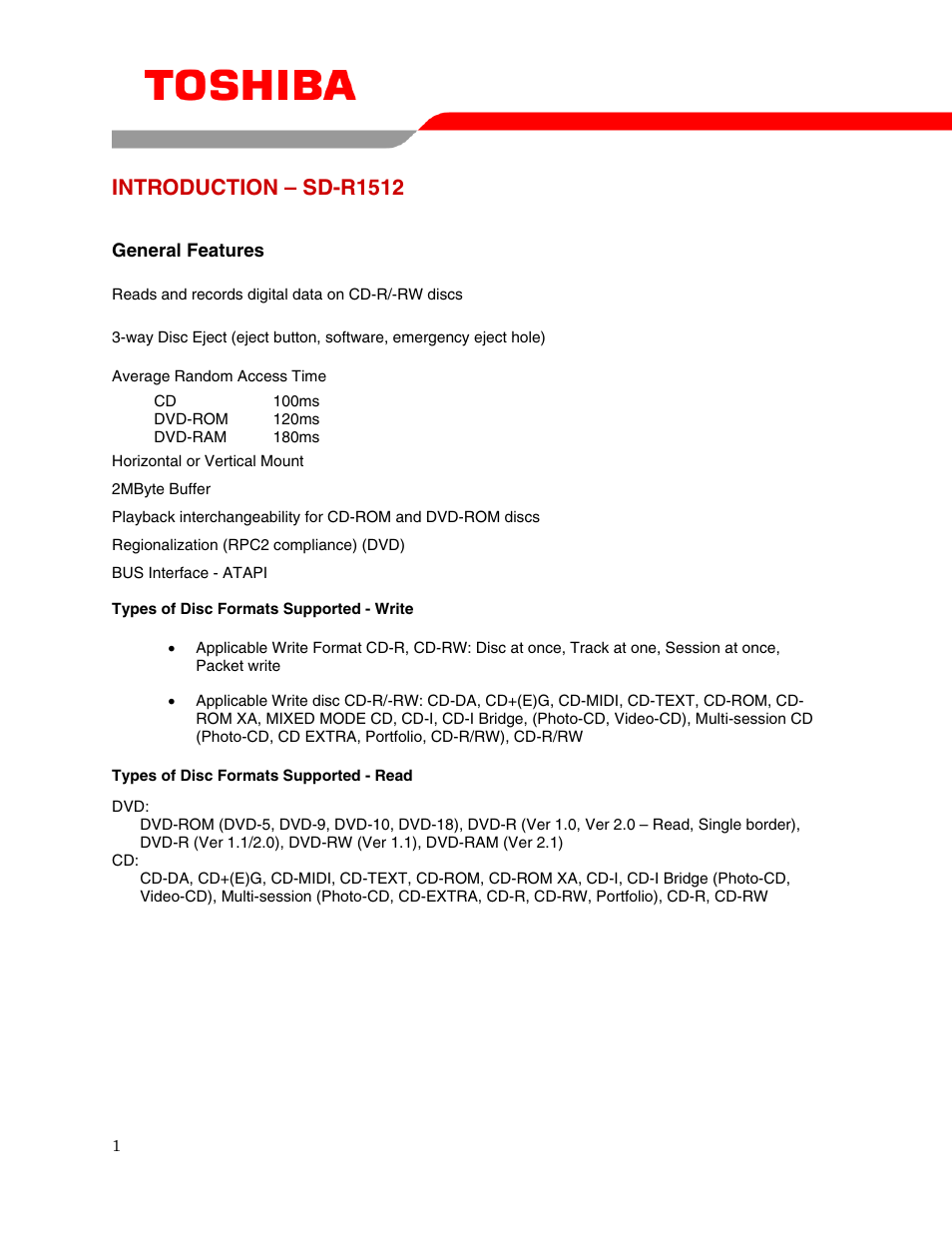 Introduction – sd-r1512 | Toshiba SD-R1512 User Manual | Page 3 / 17