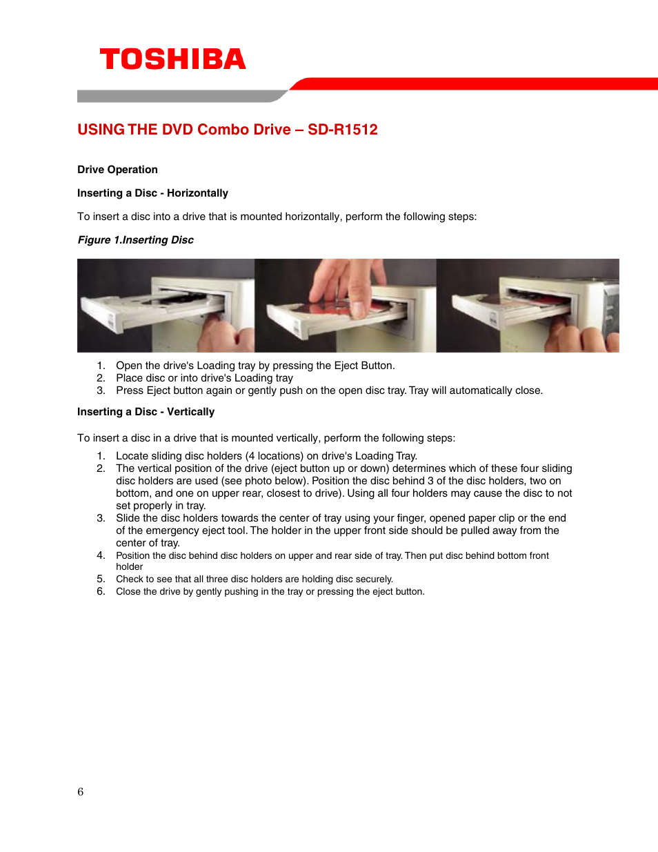 Using the dvd combo drive – sd-r1512 | Toshiba SD-R1512 User Manual | Page 8 / 17