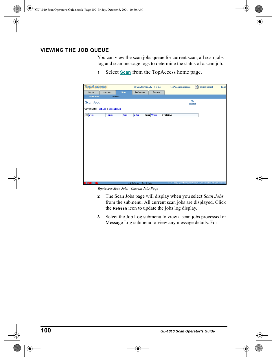 Viewing the job queue | Toshiba GL-1010 User Manual | Page 100 / 126