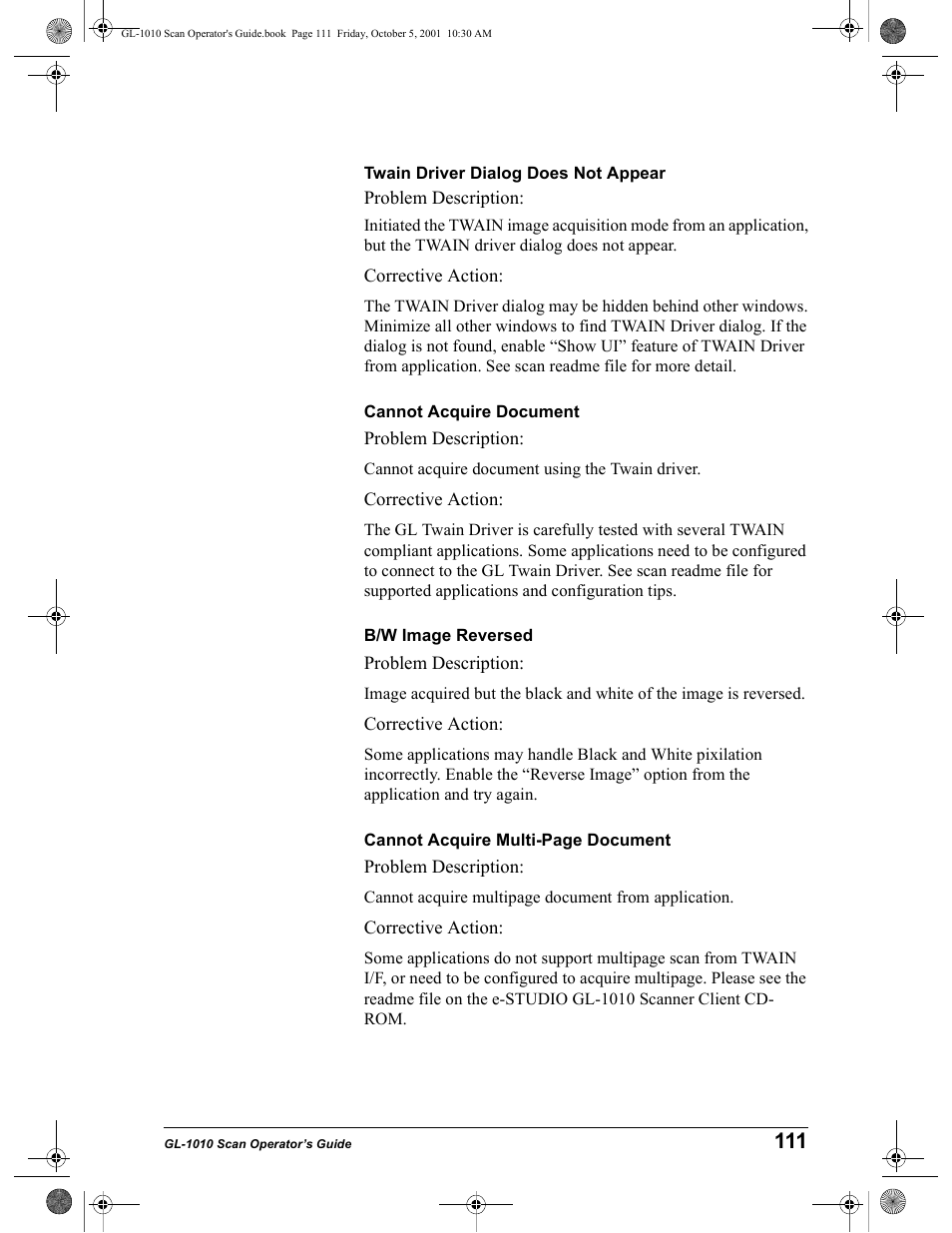 Twain driver dialog does not appear, Cannot acquire document, B/w image reversed | Toshiba GL-1010 User Manual | Page 111 / 126
