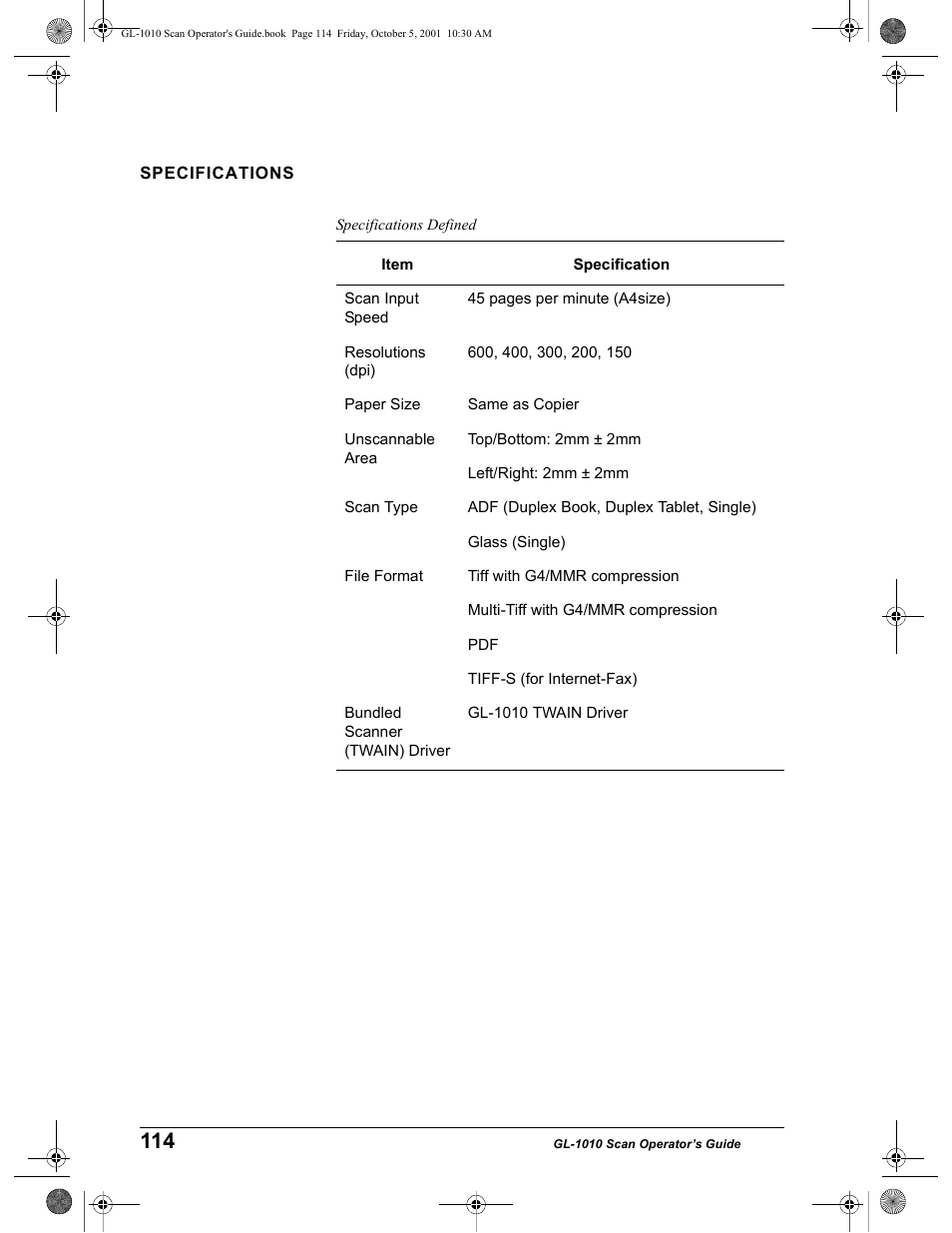 Specifications, Specifications defined | Toshiba GL-1010 User Manual | Page 114 / 126