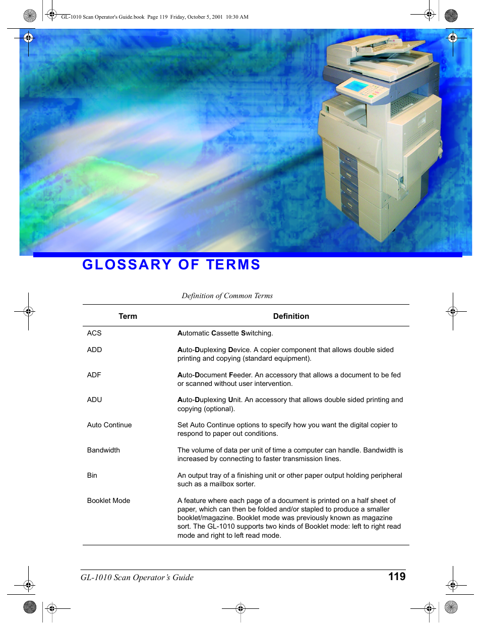 Glossary of terms, Definition of common terms | Toshiba GL-1010 User Manual | Page 119 / 126