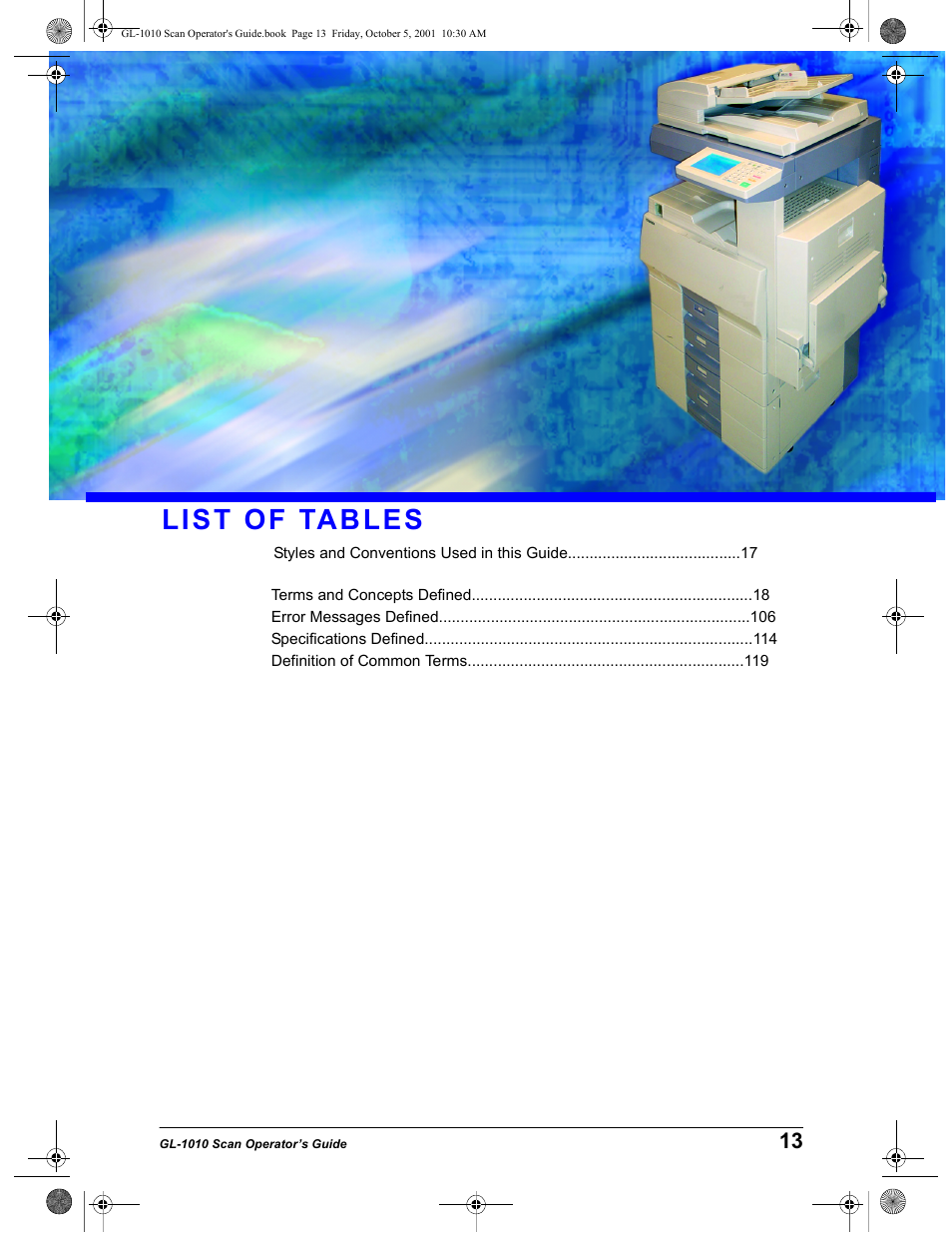 List of tables | Toshiba GL-1010 User Manual | Page 13 / 126