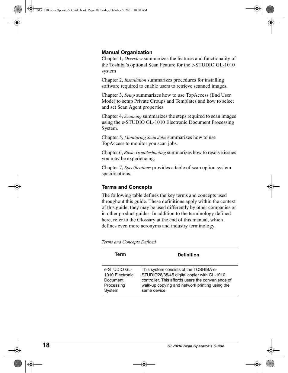 Manual organization, Terms and concepts, Terms and concepts defined | Toshiba GL-1010 User Manual | Page 18 / 126
