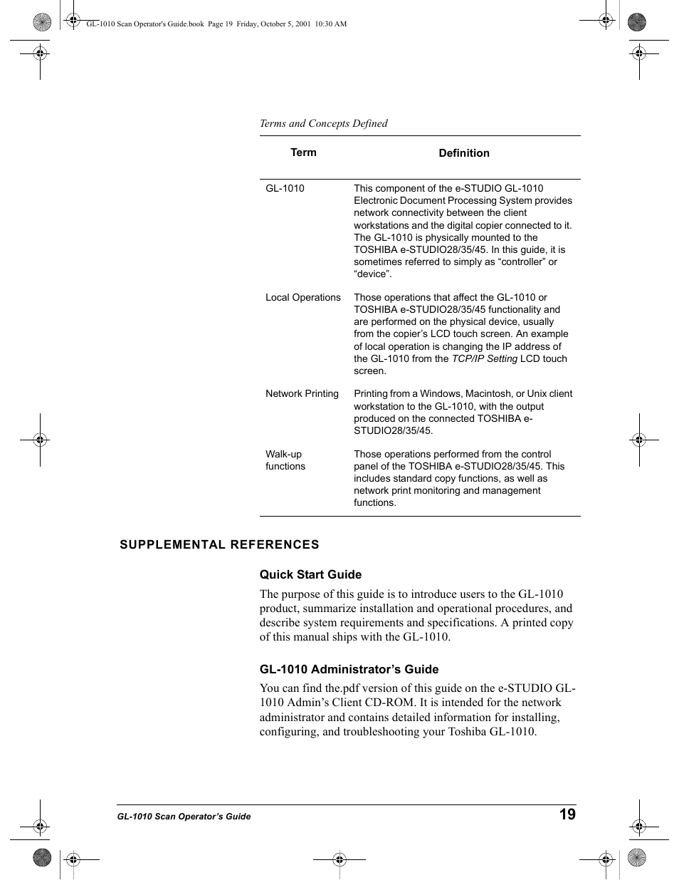 Supplemental references, Quick start guide, Gl-1010 administrator’s guide | Toshiba GL-1010 User Manual | Page 19 / 126