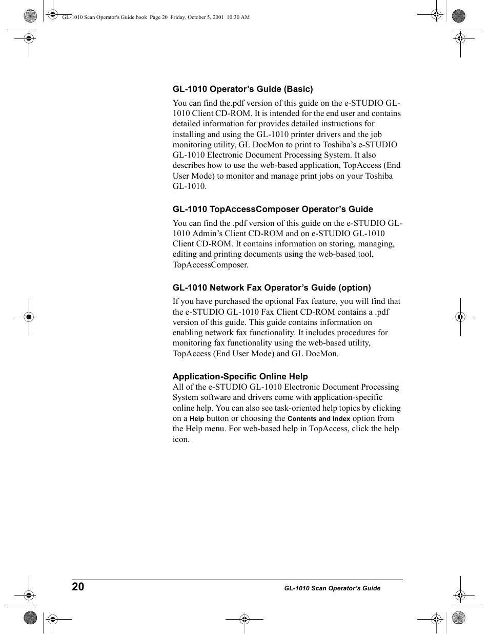Gl-1010 operator’s guide (basic), Gl-1010 topaccesscomposer operator’s guide, Gl-1010 network fax operator’s guide (option) | Application-specific online help | Toshiba GL-1010 User Manual | Page 20 / 126