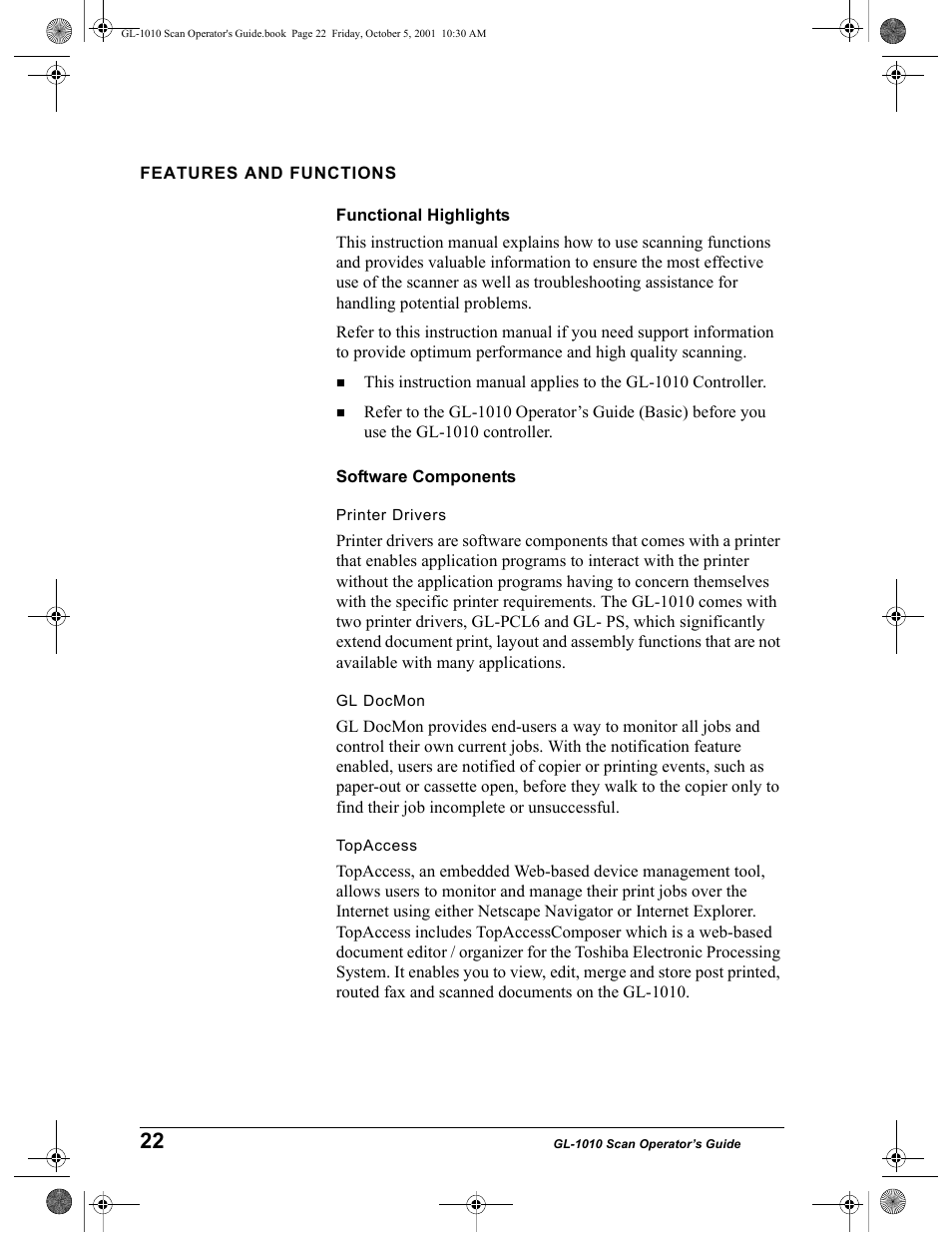 Features and functions, Functional highlights, Software components | Printer drivers, Gl docmon, Topaccess | Toshiba GL-1010 User Manual | Page 22 / 126