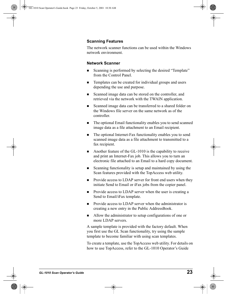 Scanning features, Network scanner | Toshiba GL-1010 User Manual | Page 23 / 126