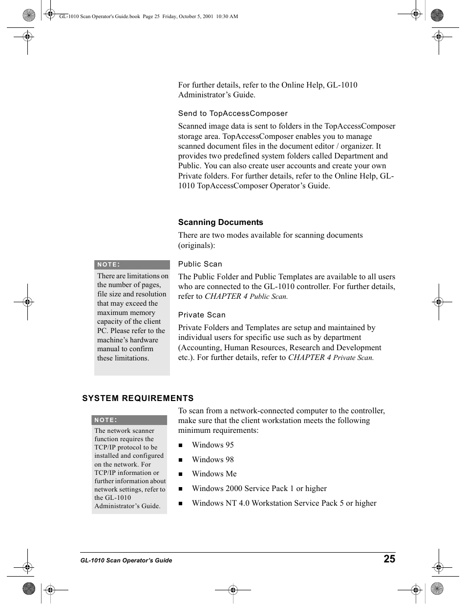 Send to topaccesscomposer, Scanning documents, Public scan | Private scan, System requirements | Toshiba GL-1010 User Manual | Page 25 / 126