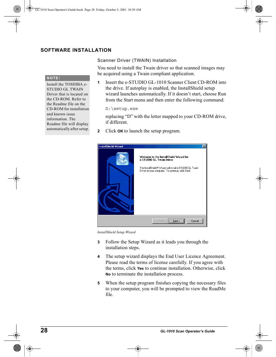 Software installation, Scanner driver (twain) installation, Installshield setup wizard | Toshiba GL-1010 User Manual | Page 28 / 126
