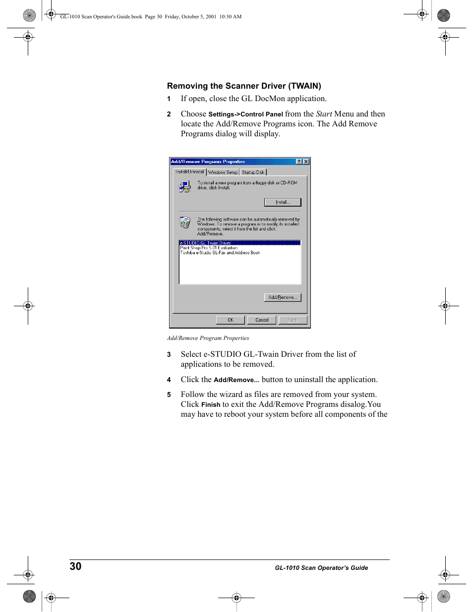 Removing the scanner driver (twain), Add/remove program properties | Toshiba GL-1010 User Manual | Page 30 / 126