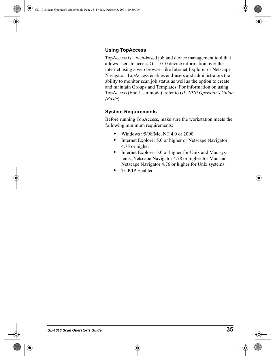 Using topaccess, System requirements | Toshiba GL-1010 User Manual | Page 35 / 126