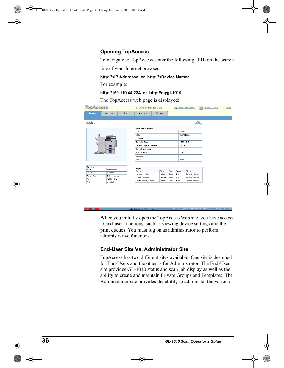 Opening topaccess, End-user site vs. administrator site | Toshiba GL-1010 User Manual | Page 36 / 126