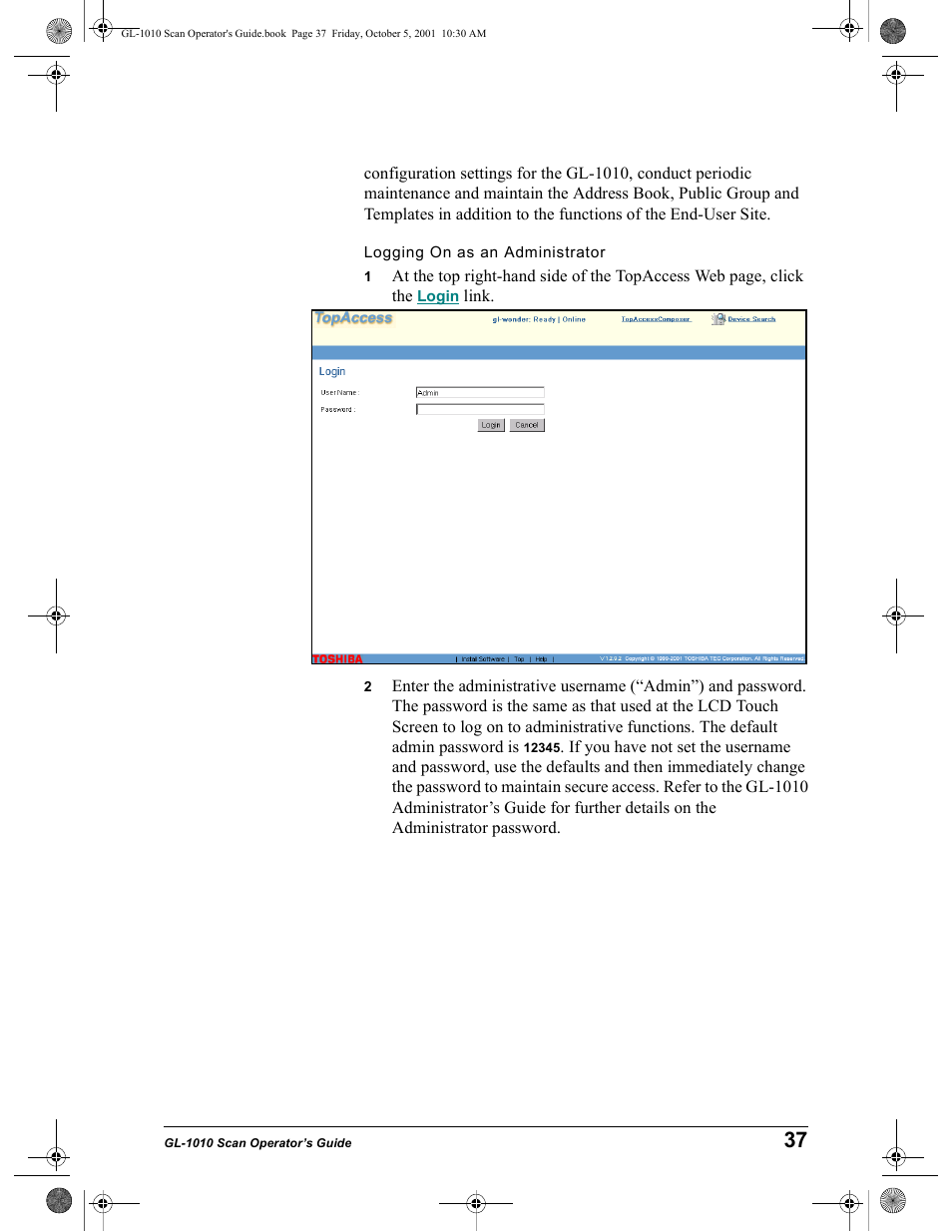 Logging on as an administrator | Toshiba GL-1010 User Manual | Page 37 / 126