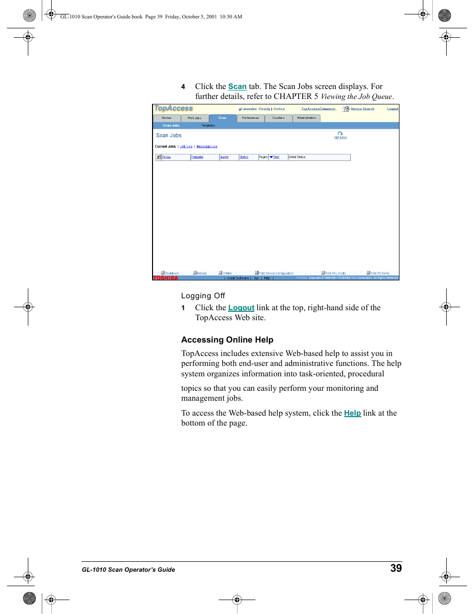 Logging off, Accessing online help | Toshiba GL-1010 User Manual | Page 39 / 126