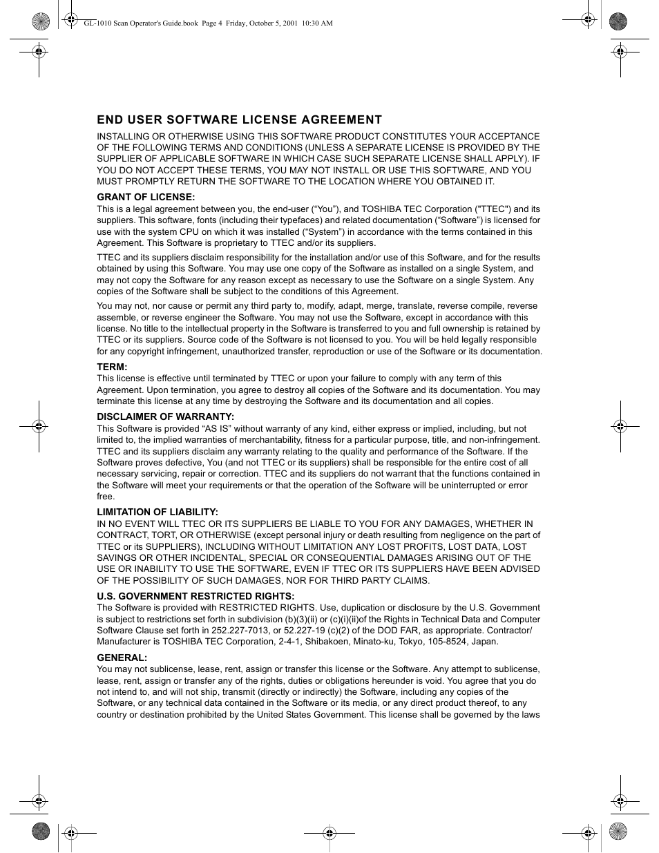 End user software license agreement | Toshiba GL-1010 User Manual | Page 4 / 126
