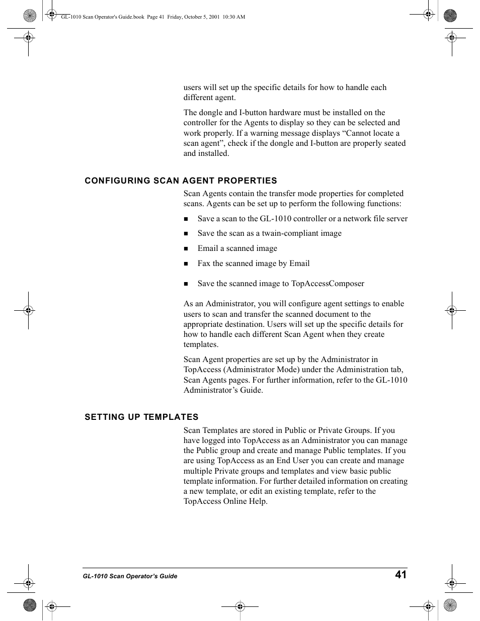 Configuring scan agent properties, Setting up templates | Toshiba GL-1010 User Manual | Page 41 / 126