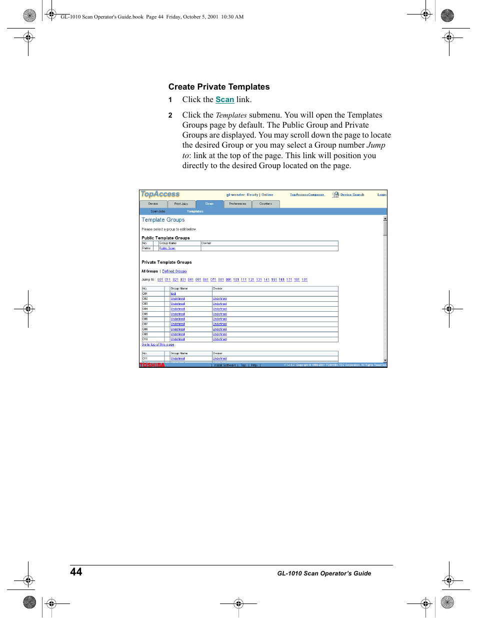 Create private templates | Toshiba GL-1010 User Manual | Page 44 / 126