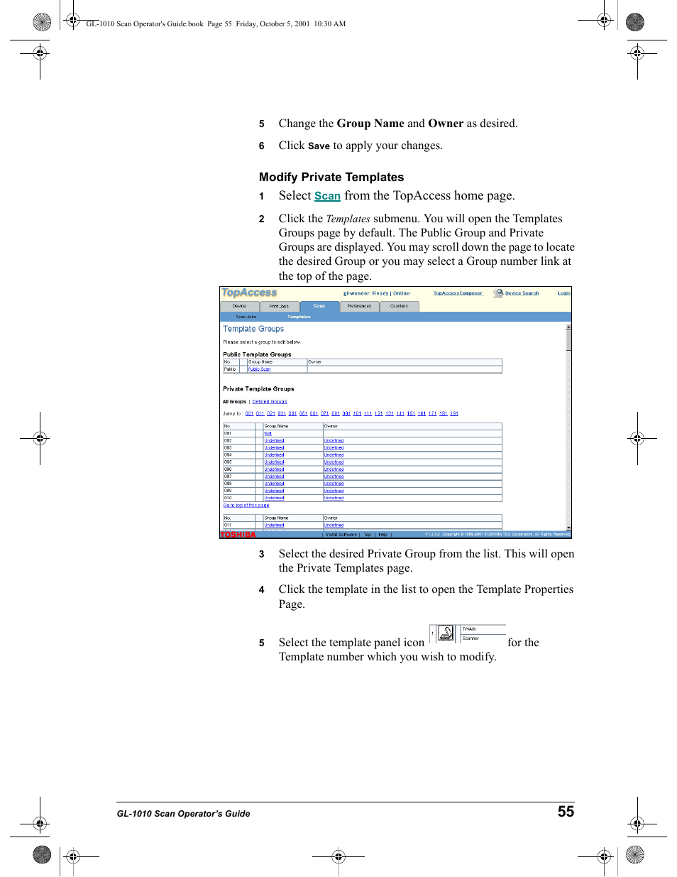 Modify private templates | Toshiba GL-1010 User Manual | Page 55 / 126