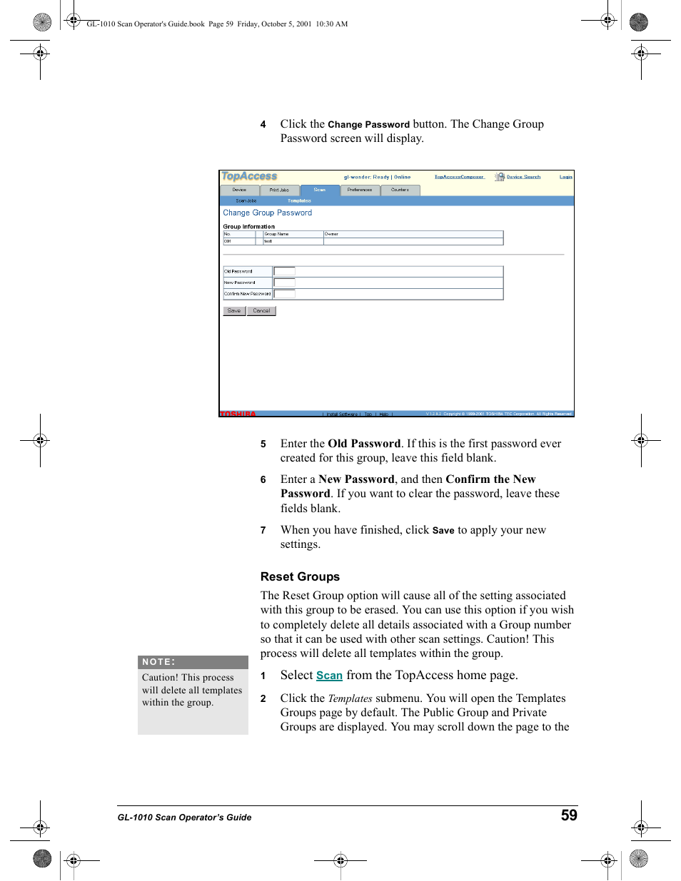 Reset groups | Toshiba GL-1010 User Manual | Page 59 / 126