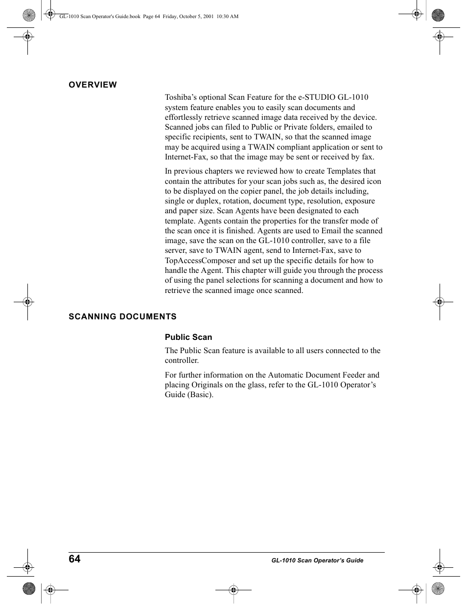 Overview, Scanning documents, Public scan | Chapter 4 | Toshiba GL-1010 User Manual | Page 64 / 126