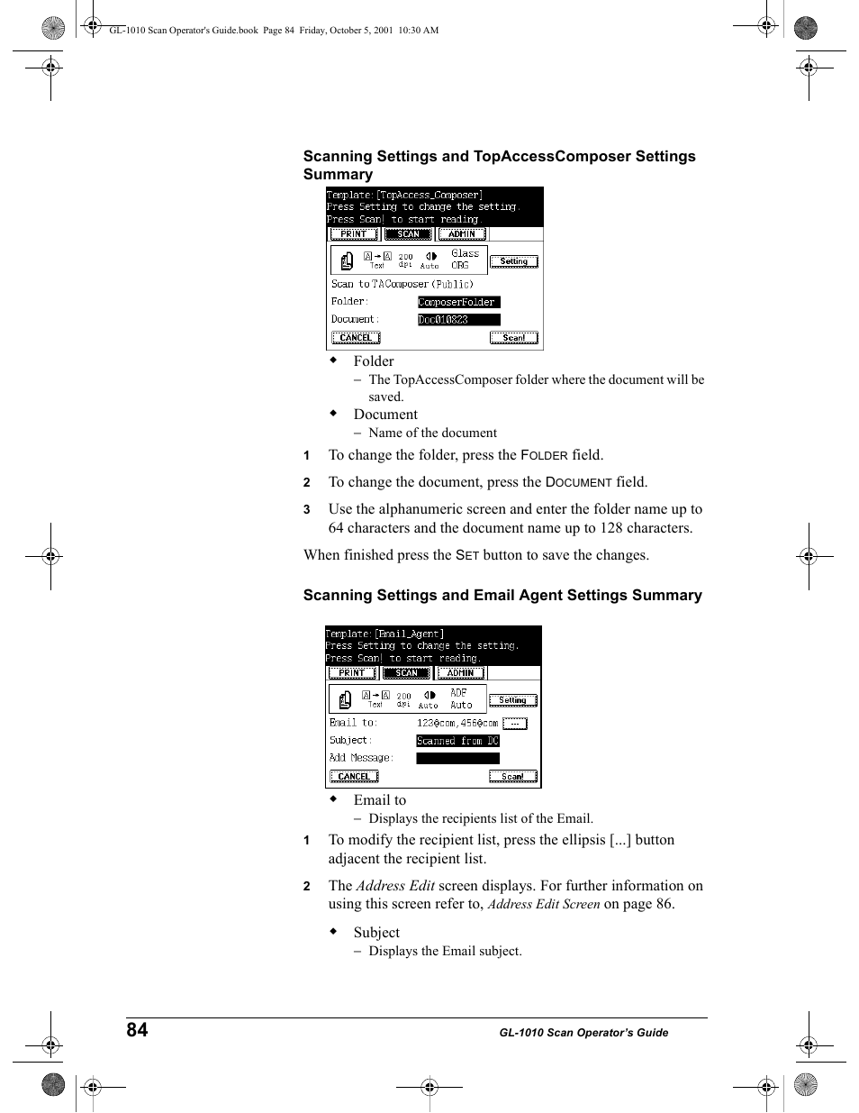 Scanning settings and email agent settings summary | Toshiba GL-1010 User Manual | Page 84 / 126