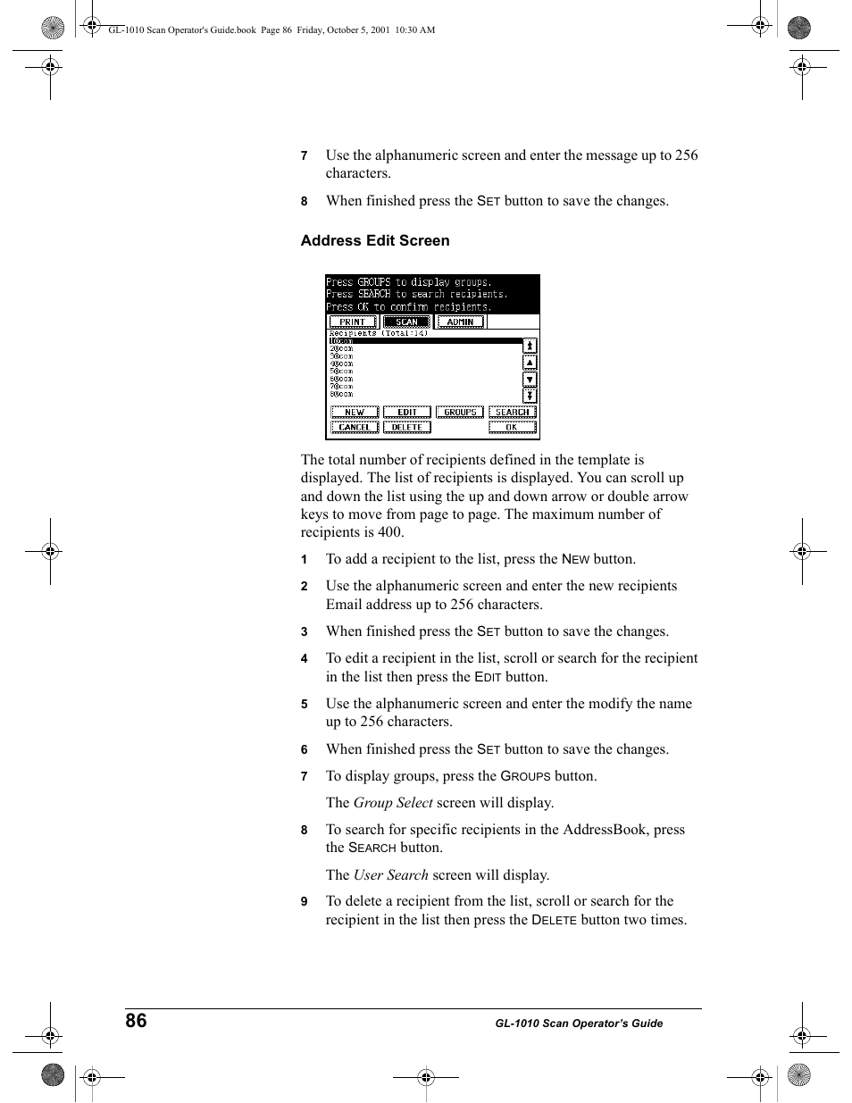 Address edit screen | Toshiba GL-1010 User Manual | Page 86 / 126