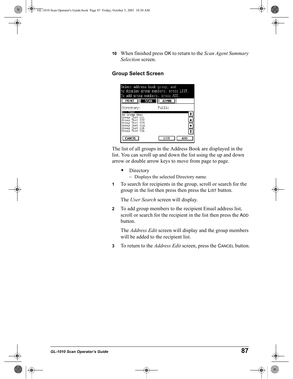 Group select screen | Toshiba GL-1010 User Manual | Page 87 / 126