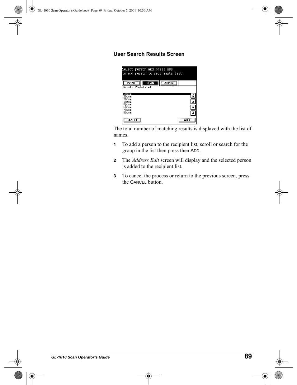 User search results screen | Toshiba GL-1010 User Manual | Page 89 / 126
