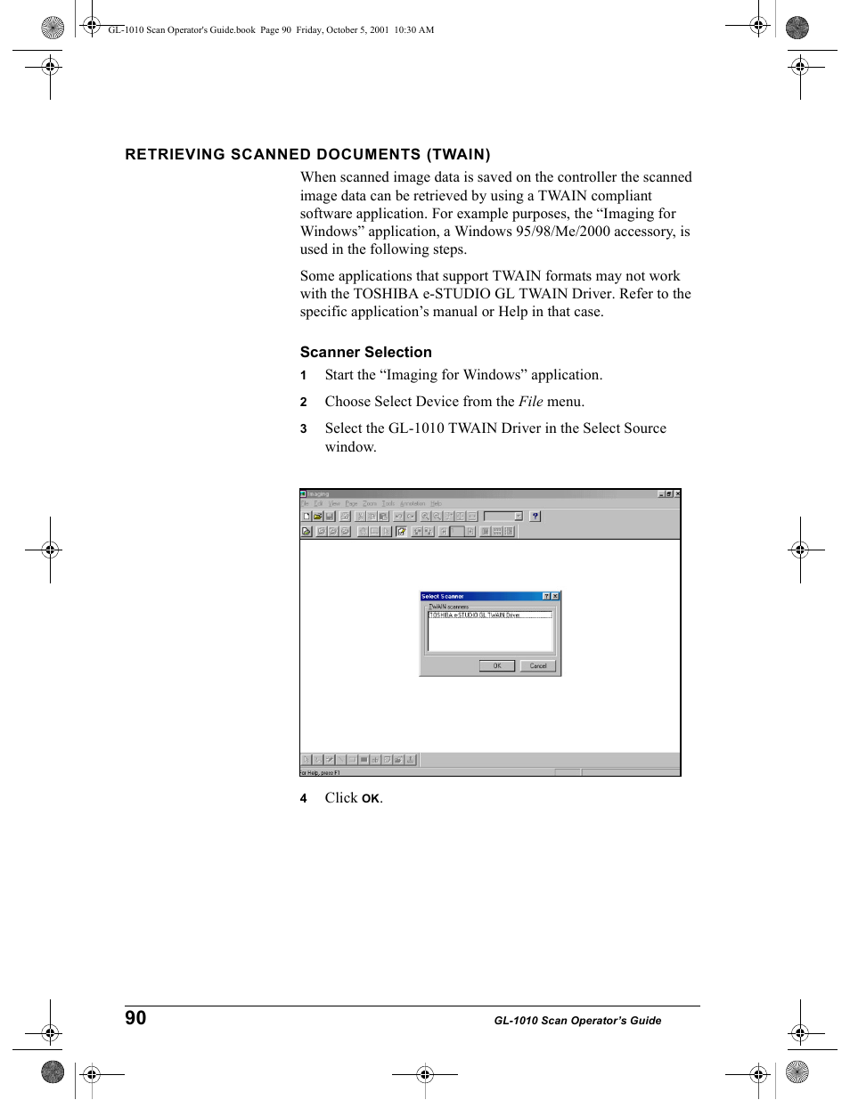 Retrieving scanned documents (twain), Scanner selection | Toshiba GL-1010 User Manual | Page 90 / 126
