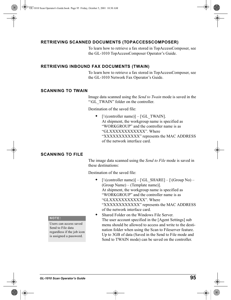 Retrieving scanned documents (topaccesscomposer), Retrieving inbound fax documents (twain), Scanning to twain | Scanning to file | Toshiba GL-1010 User Manual | Page 95 / 126