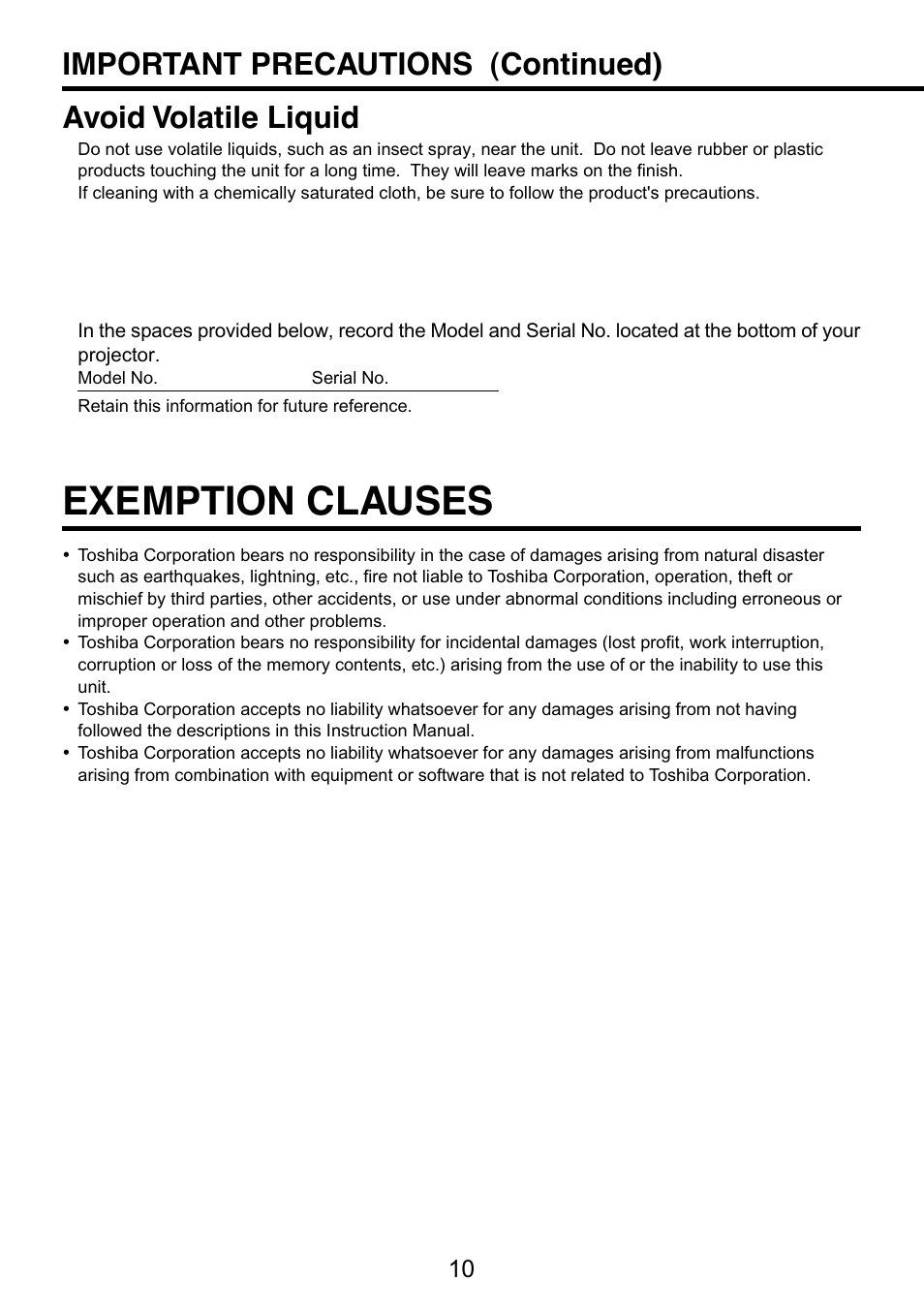 Exemption clauses | Toshiba TDP-S9 User Manual | Page 10 / 43