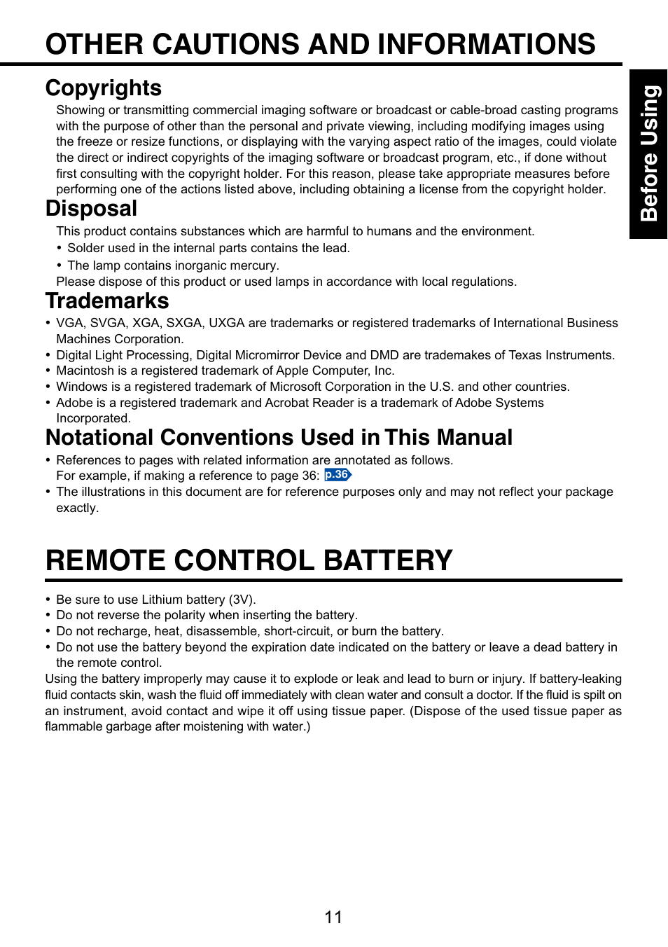 Other cautions and informations, Remote control battery, Bef ore using | Copyrights, Disposal, Trademarks, Notational conventions used in this manual | Toshiba TDP-S9 User Manual | Page 11 / 43