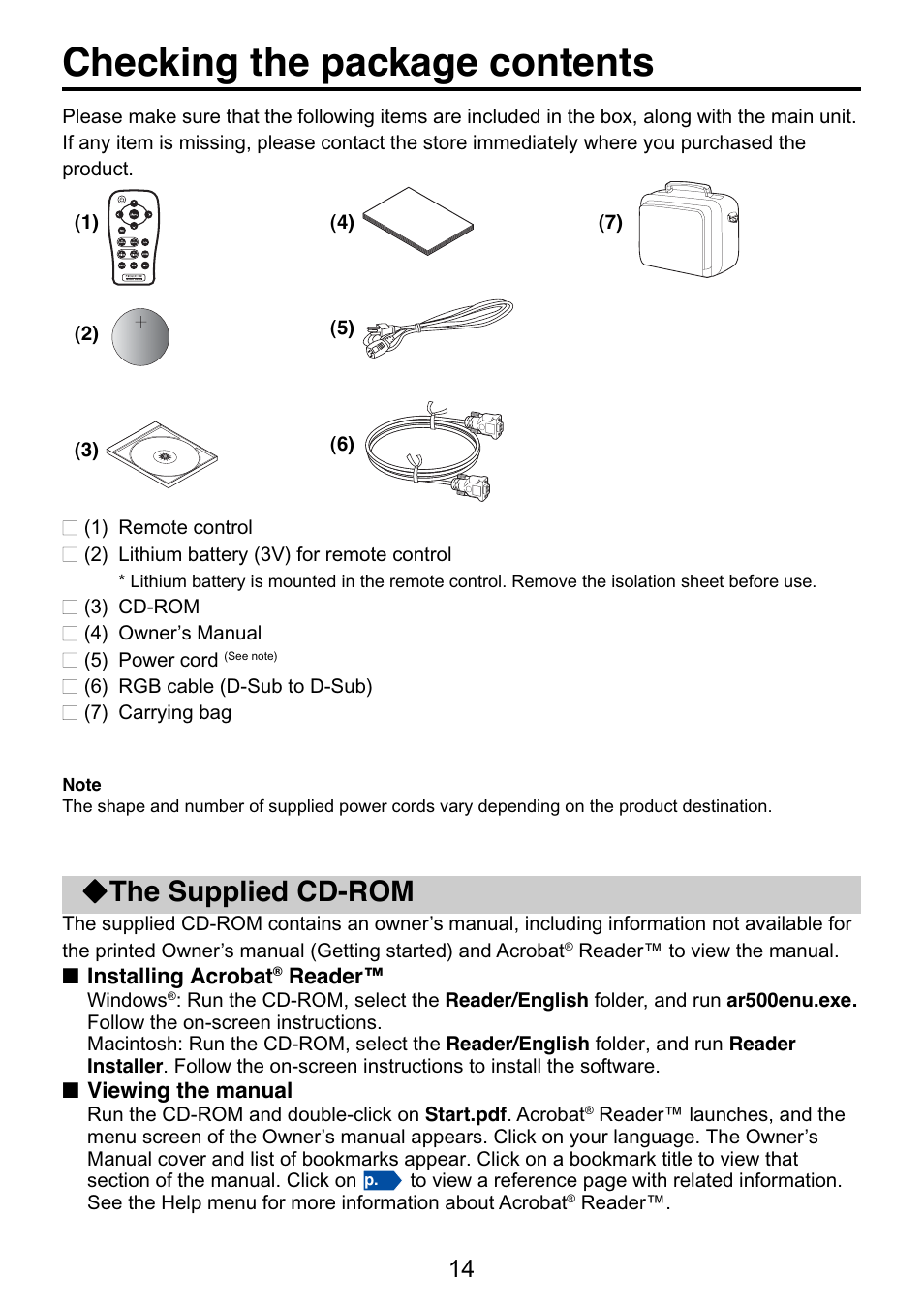 Preparations, Checking the package contents, The supplied cd-rom | Toshiba TDP-S9 User Manual | Page 14 / 43