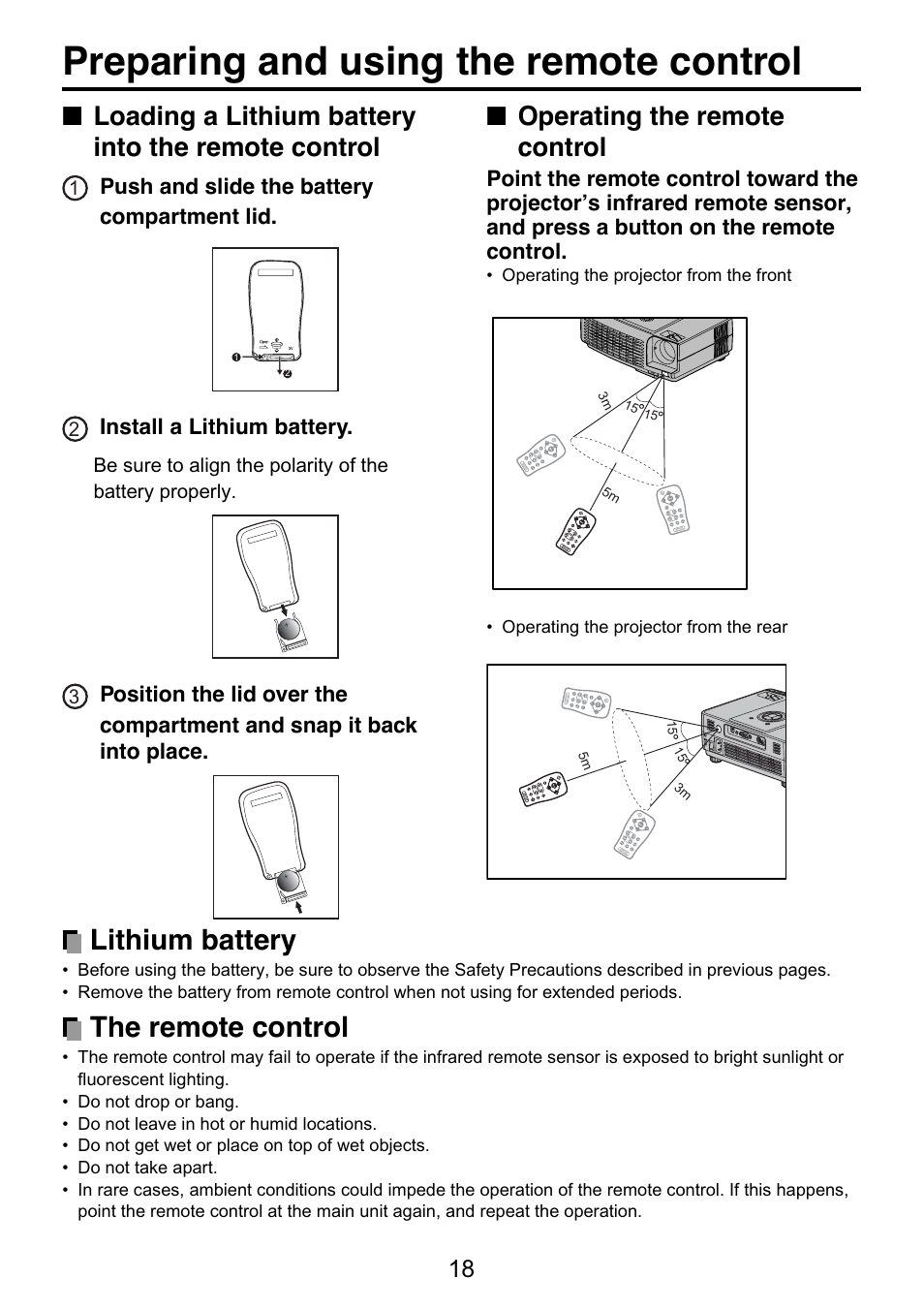 Preparing and using the remote control, Senses commands from the remote control, P.18 | Lithium battery, The remote control, Operating the remote control, Loading a lithium battery into the remote control | Toshiba TDP-S9 User Manual | Page 18 / 43