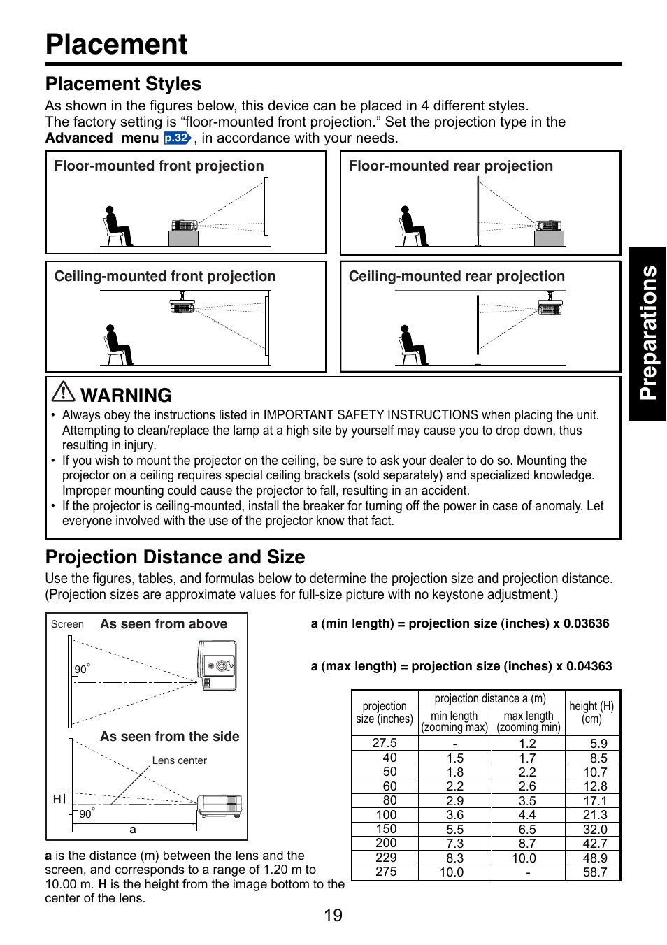 Placement, Preparations, Projection distance and size | Placement styles, Warning | Toshiba TDP-S9 User Manual | Page 19 / 43