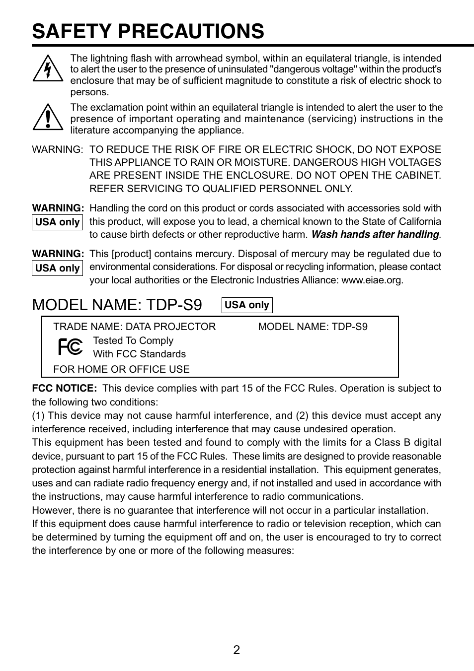 Before using, Safety precautions, Model name: tdp-s9 | Toshiba TDP-S9 User Manual | Page 2 / 43