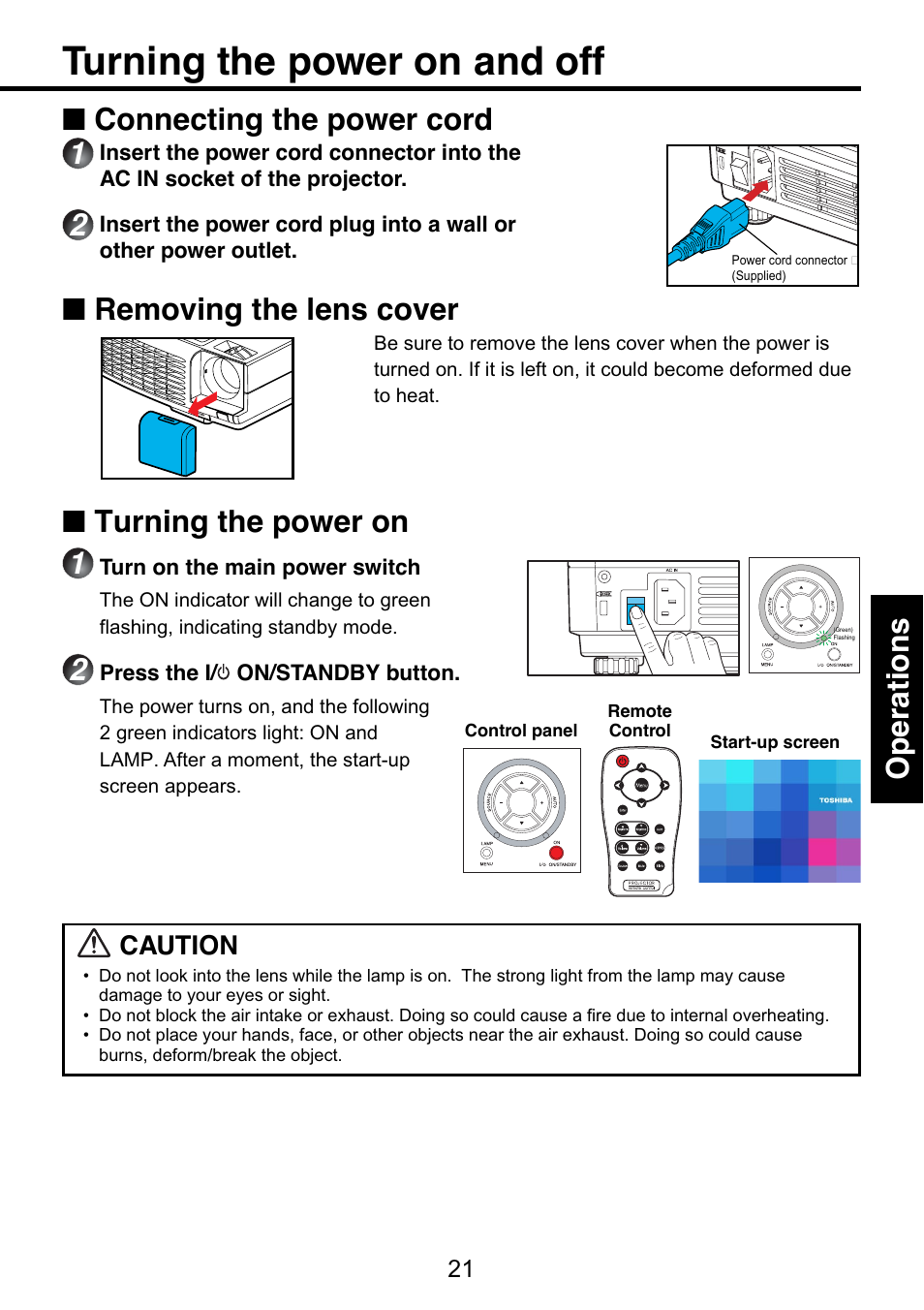 Operations, Turning the power on and off, P.21 | Connecting the power cord, Turning the power on, Removing the lens cover, Caution | Toshiba TDP-S9 User Manual | Page 21 / 43