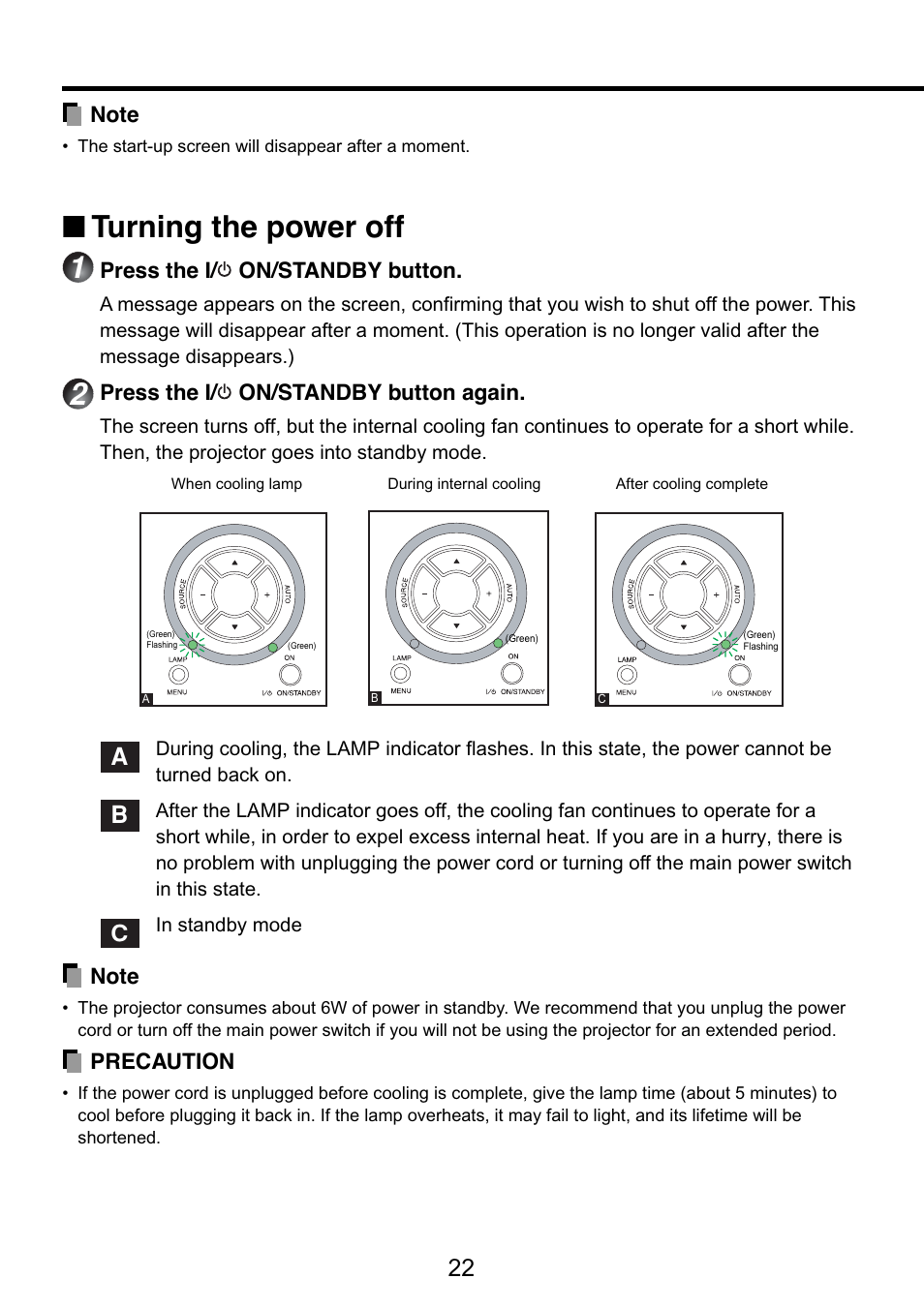 Displays lamp mode, P.22, Turning the power off | Toshiba TDP-S9 User Manual | Page 22 / 43