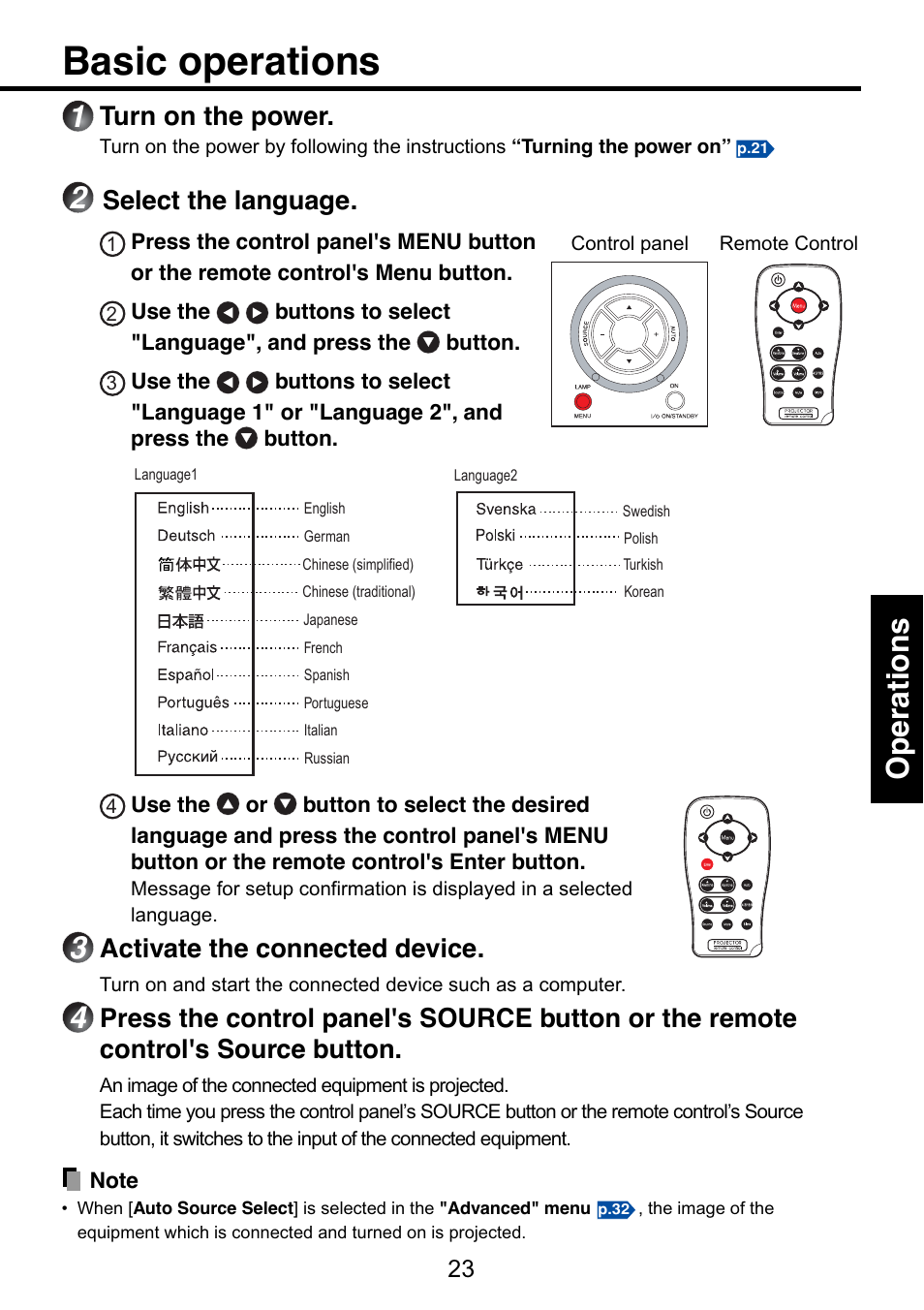 Basic operations, Operations, Activate the connected device | Turn on the power, Select the language | Toshiba TDP-S9 User Manual | Page 23 / 43