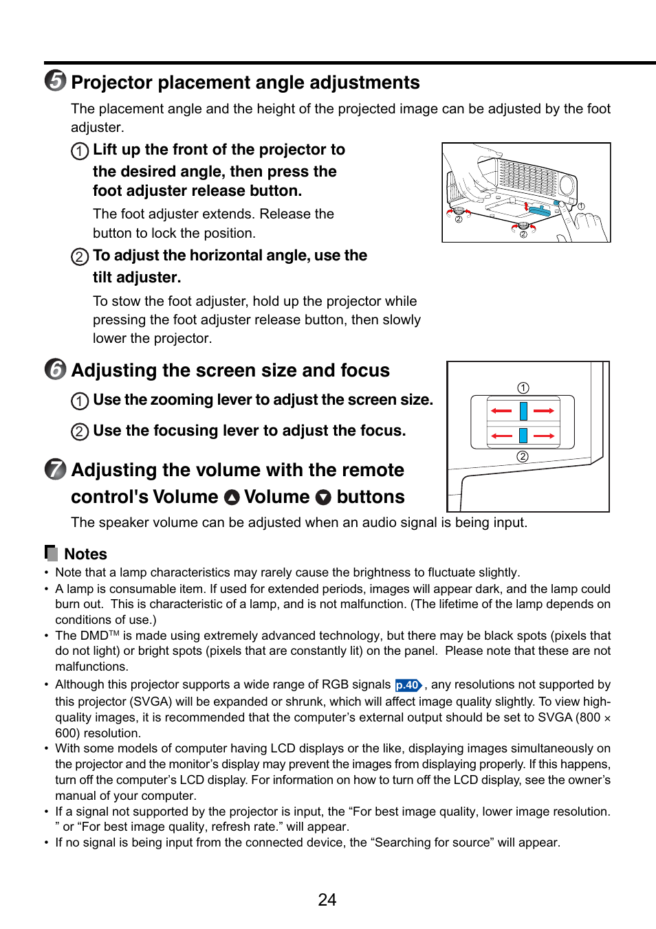 P.24, Press to stow the foot adjuster, Projector placement angle adjustments | Adjusting the screen size and focus | Toshiba TDP-S9 User Manual | Page 24 / 43