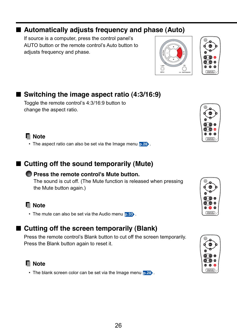 Automatically adjusts frequency and phase (auto), Switching the image aspect ratio (4:3/16:9), Cutting off the sound temporarily (mute) | Cutting off the screen temporarily (blank), Automatically adjusts frequency and phase, P.26, From 4:3 to 16:9 | Toshiba TDP-S9 User Manual | Page 26 / 43