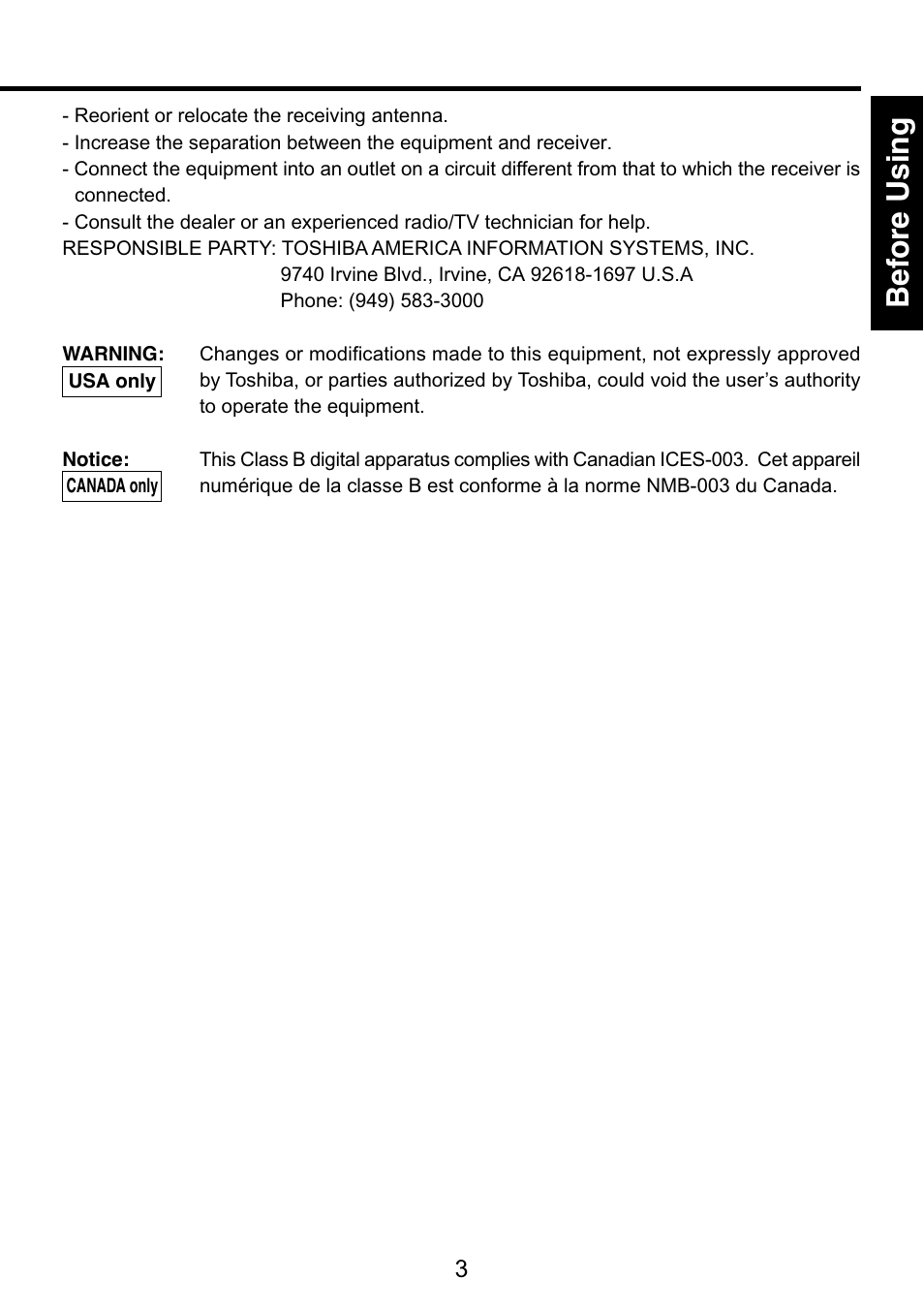 Bef ore using | Toshiba TDP-S9 User Manual | Page 3 / 43