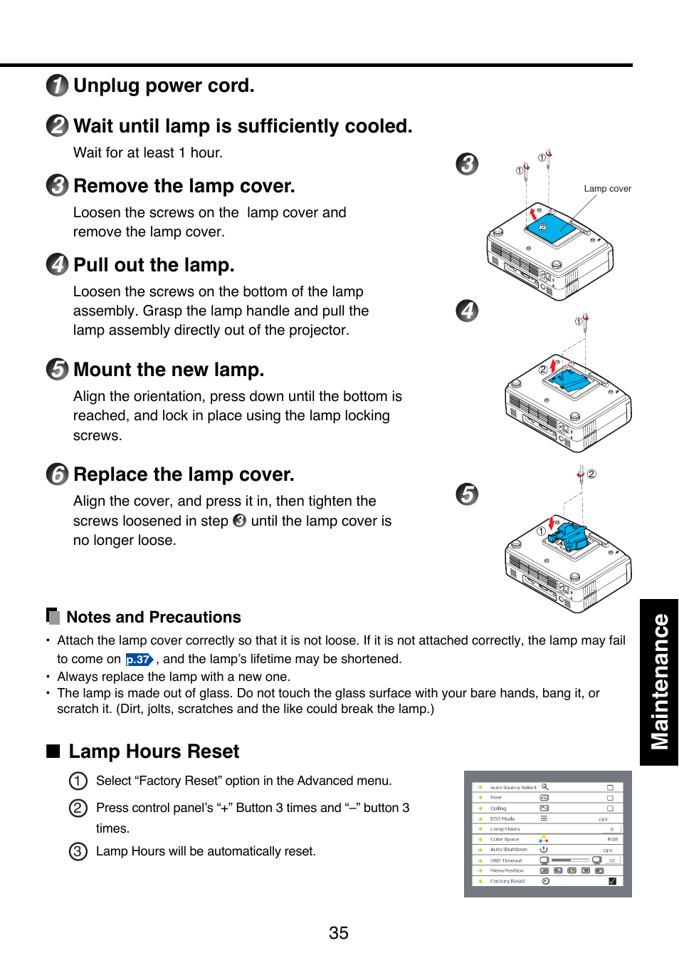 P.35, Maintenance, Unplug power cord | Wait until lamp is sufficiently cooled, Remove the lamp cover, Pull out the lamp, Mount the new lamp, Replace the lamp cover, Lamp hours reset | Toshiba TDP-S9 User Manual | Page 35 / 43