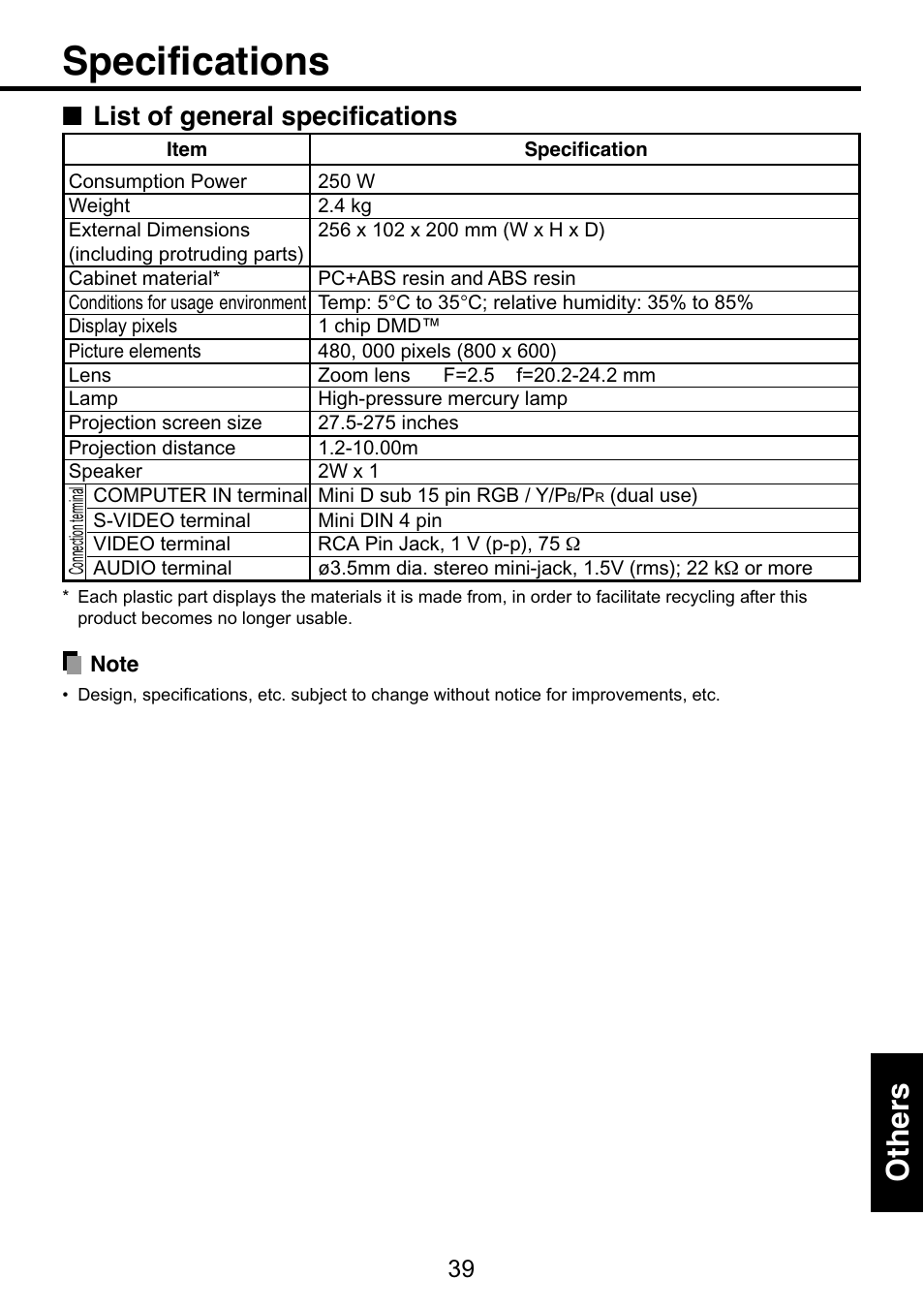 Specifications, List of general specifications, Other s | Toshiba TDP-S9 User Manual | Page 39 / 43