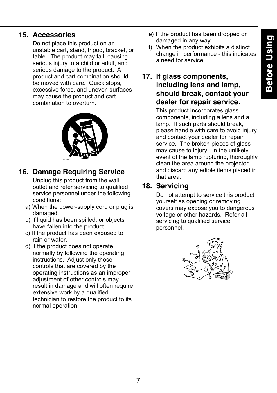 Bef ore using, Accessories, Damage requiring service | Servicing | Toshiba TDP-S9 User Manual | Page 7 / 43