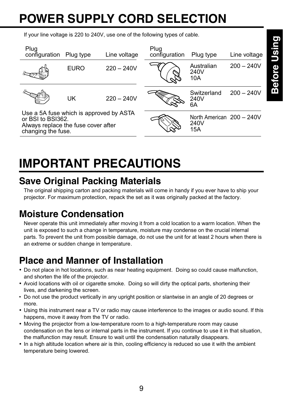 Power supply cord selection, Important precautions, Bef ore using | Save original packing materials, Moisture condensation, Place and manner of installation | Toshiba TDP-S9 User Manual | Page 9 / 43