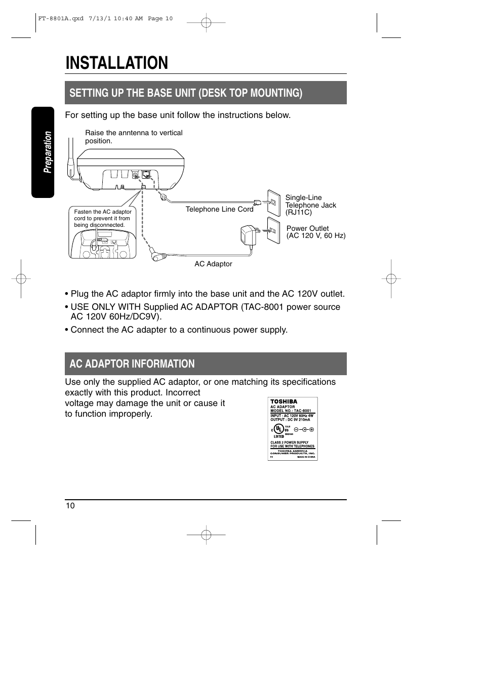 Installation, Setting up the base unit, Ac adaptor information | Setting up the base unit (desk top mounting) | Toshiba FT-8801A User Manual | Page 10 / 37