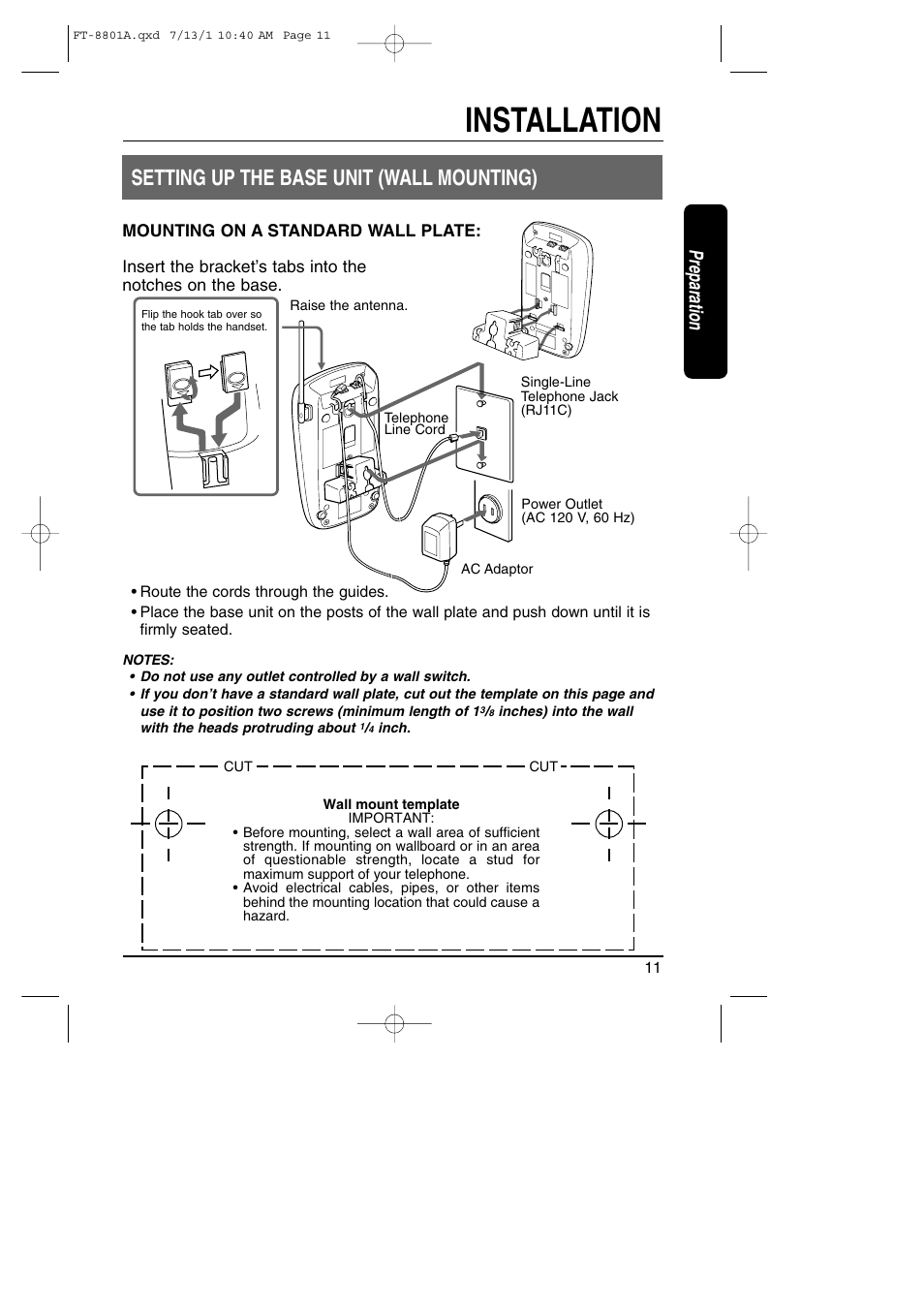 Installation, Setting up the base unit (wall mounting), Preparation | Toshiba FT-8801A User Manual | Page 11 / 37
