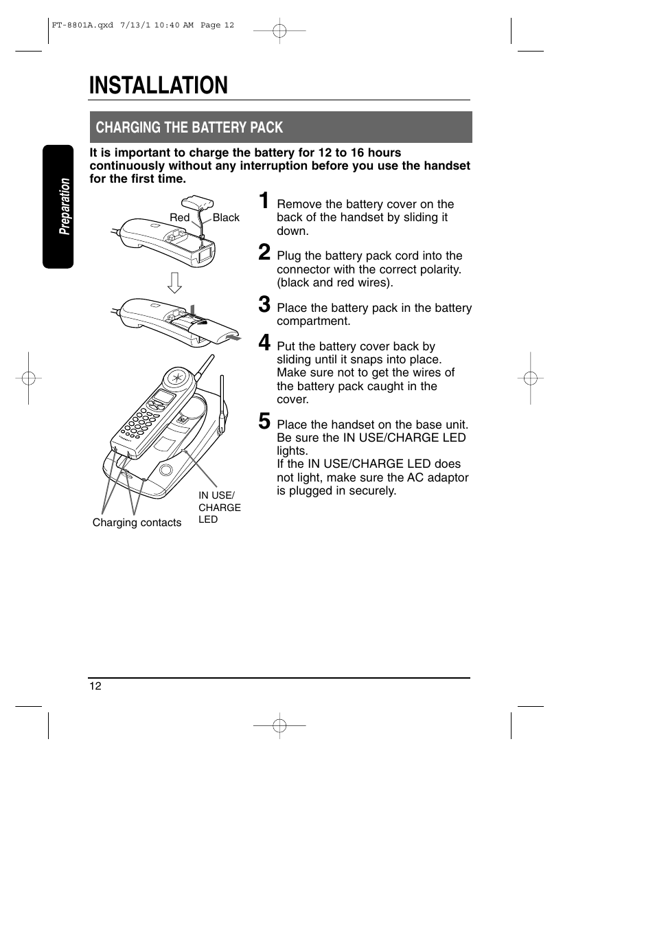 Charging the battery pack, Installation | Toshiba FT-8801A User Manual | Page 12 / 37